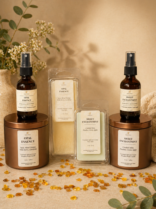 Opal Essence products including bottles and tins on a neutral background with decorative elements.