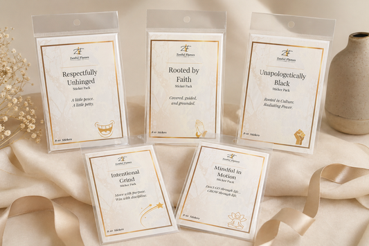 Five sticker pack collections with text on a neutral background
